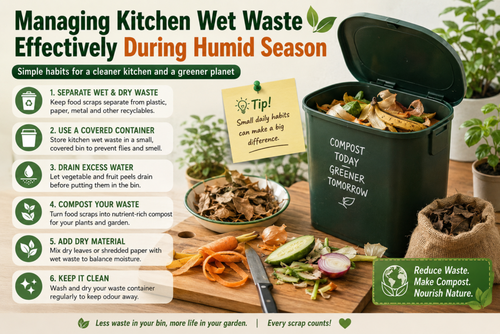 "Managing kitchen wet waste during humid season with vegetable peels, compost bin and dry leaves"