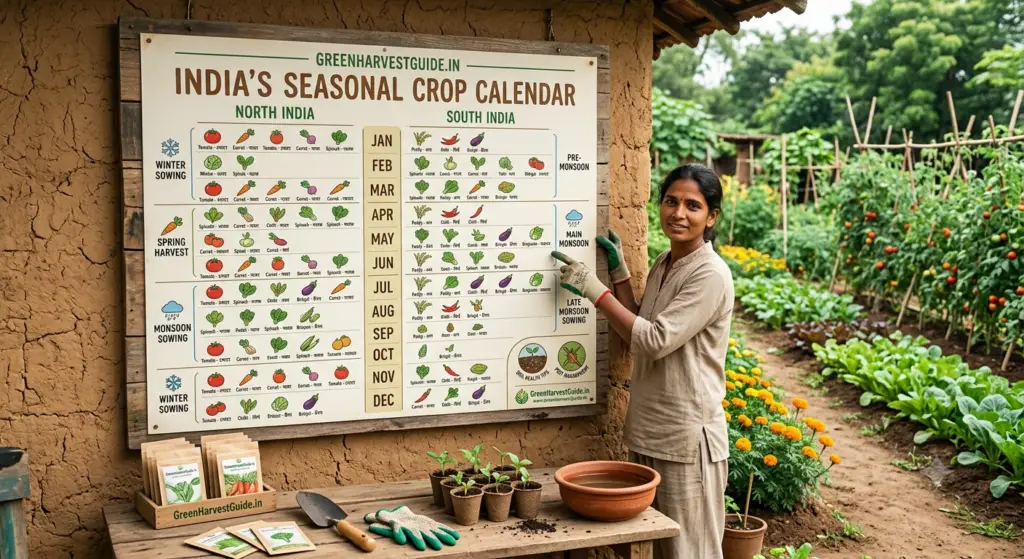 Indian crop calendar showing seasonal vegetables to plant in North and South India