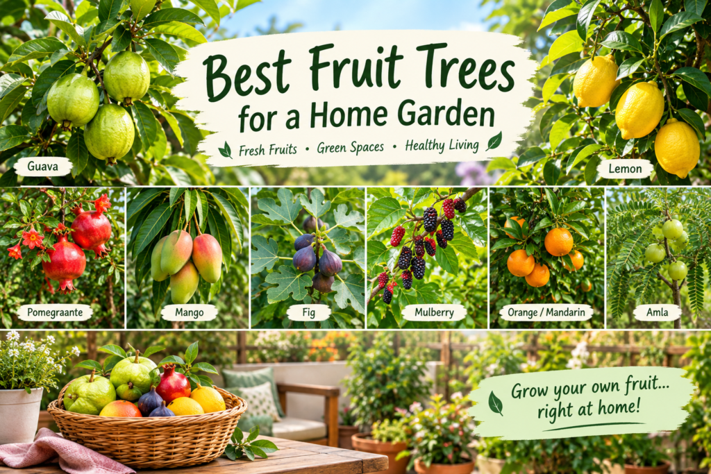 Best fruit trees for a home garden including lemon, guava, pomegranate, fig, and mango trees