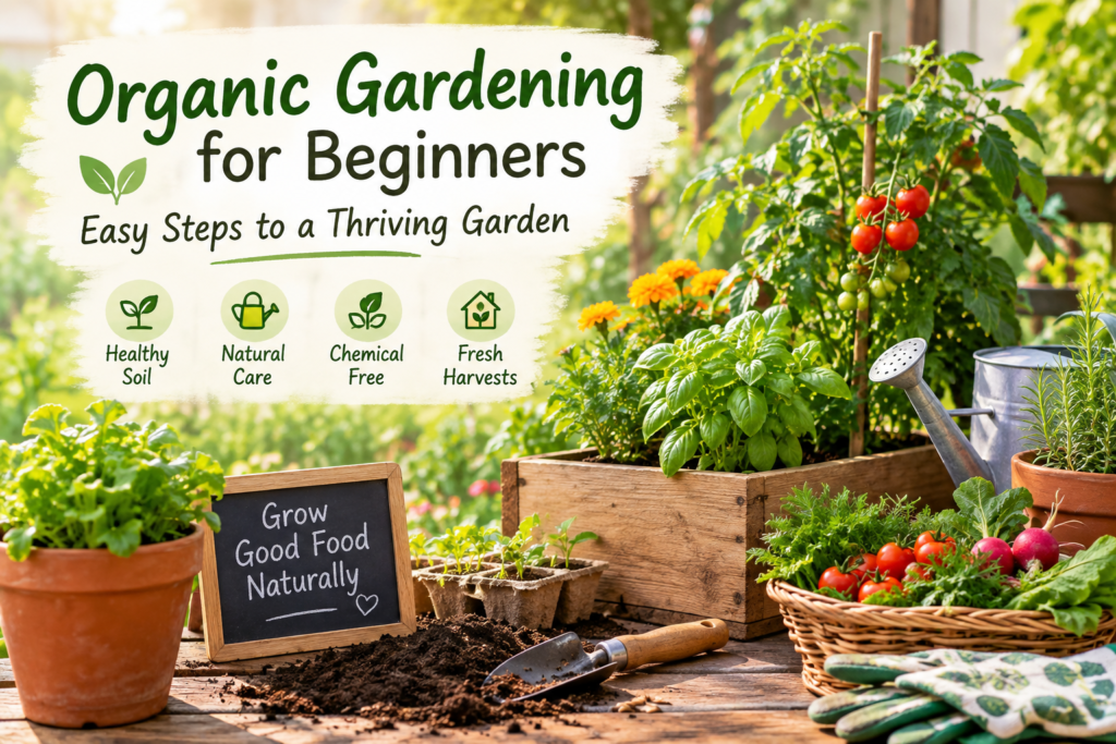 Beginner growing vegetables and herbs using organic gardening methods
