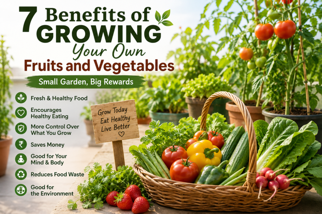 Homegrown fruits and vegetables in a home garden