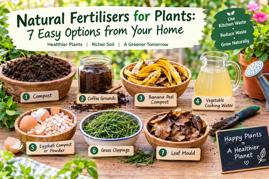 Natural homemade fertilisers for plants including compost, banana peels, eggshells, and coffee grounds